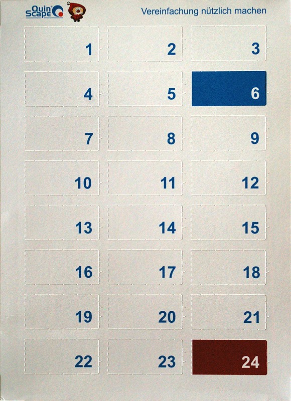 Adventskalender ohne Bild mit gleich großen Türchen in einer 3x8-Matrix der Reihe nach durchnumeriert